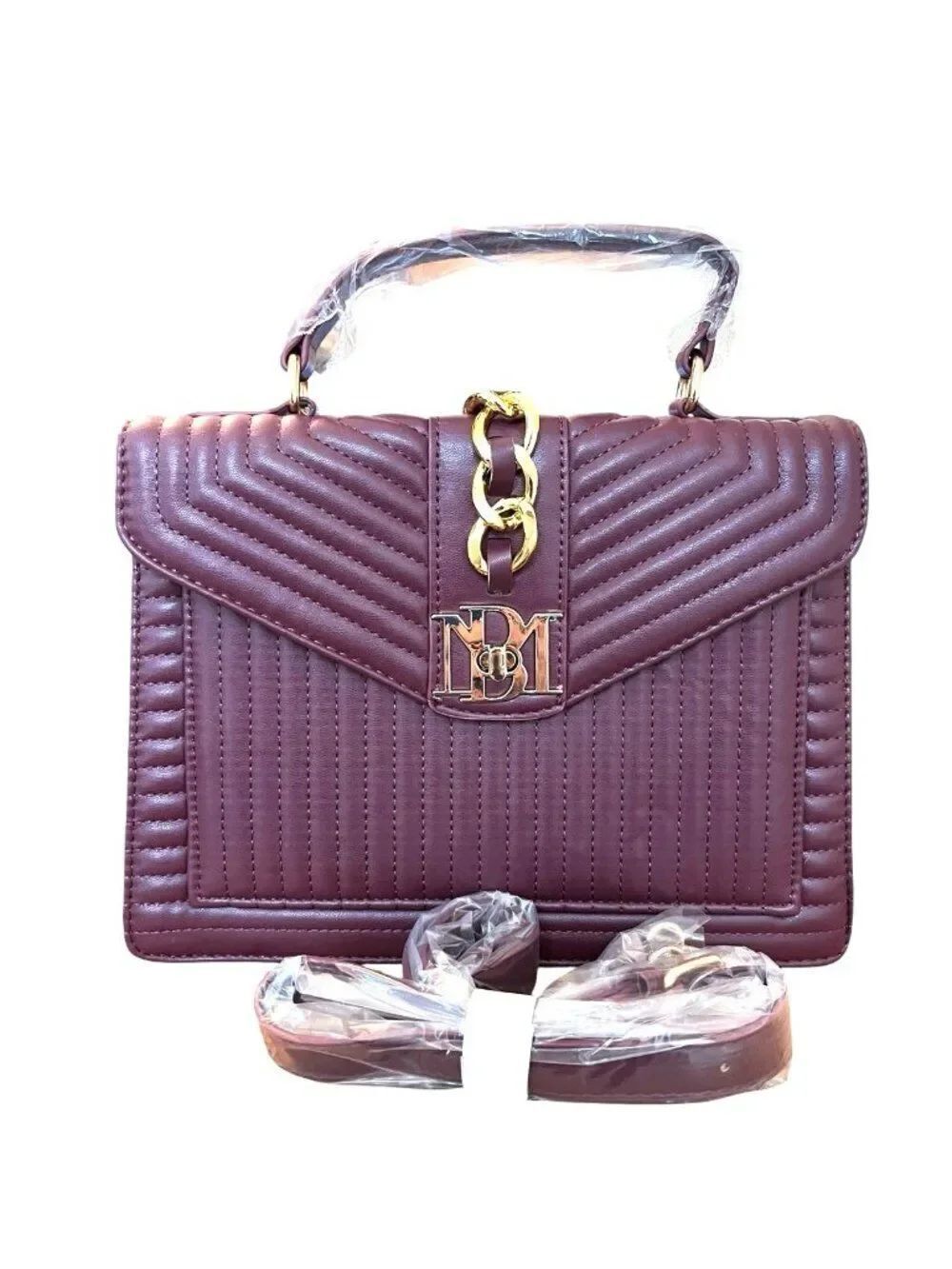 Badgley Mischka Quilted Crossbody Satchel Chain Letter Lock Maroon Eggplant NWT